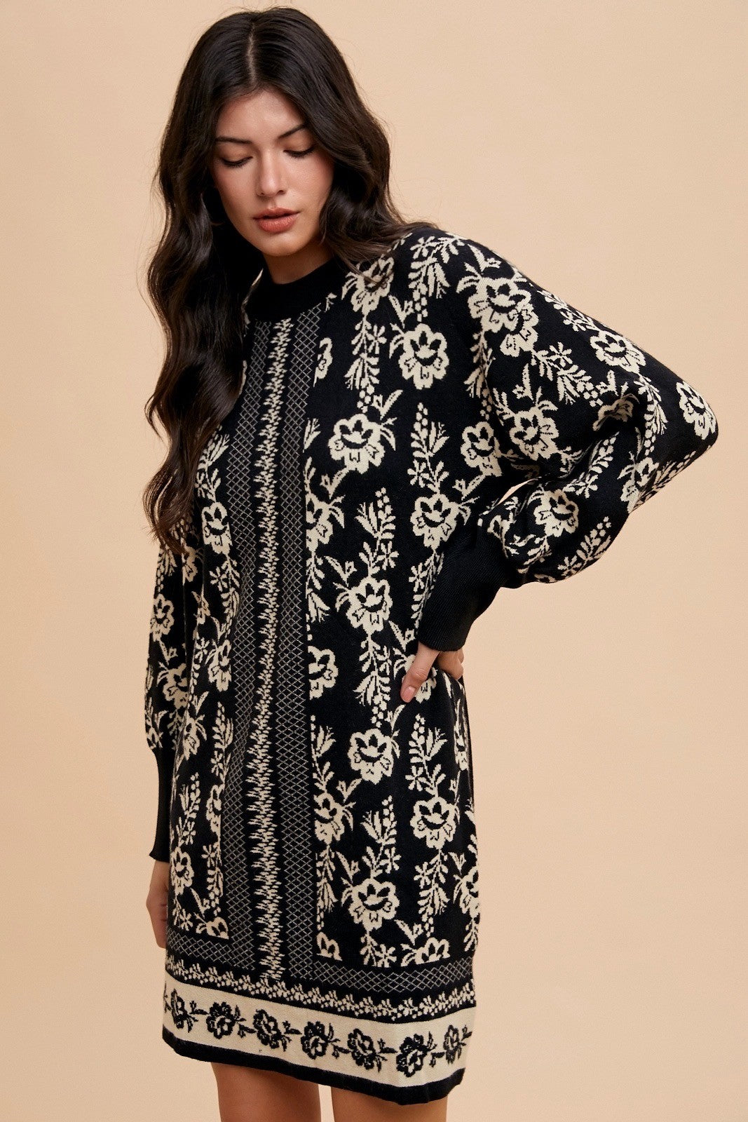 Annie Wear Floral Jacquard Round Neck Sweater Dress