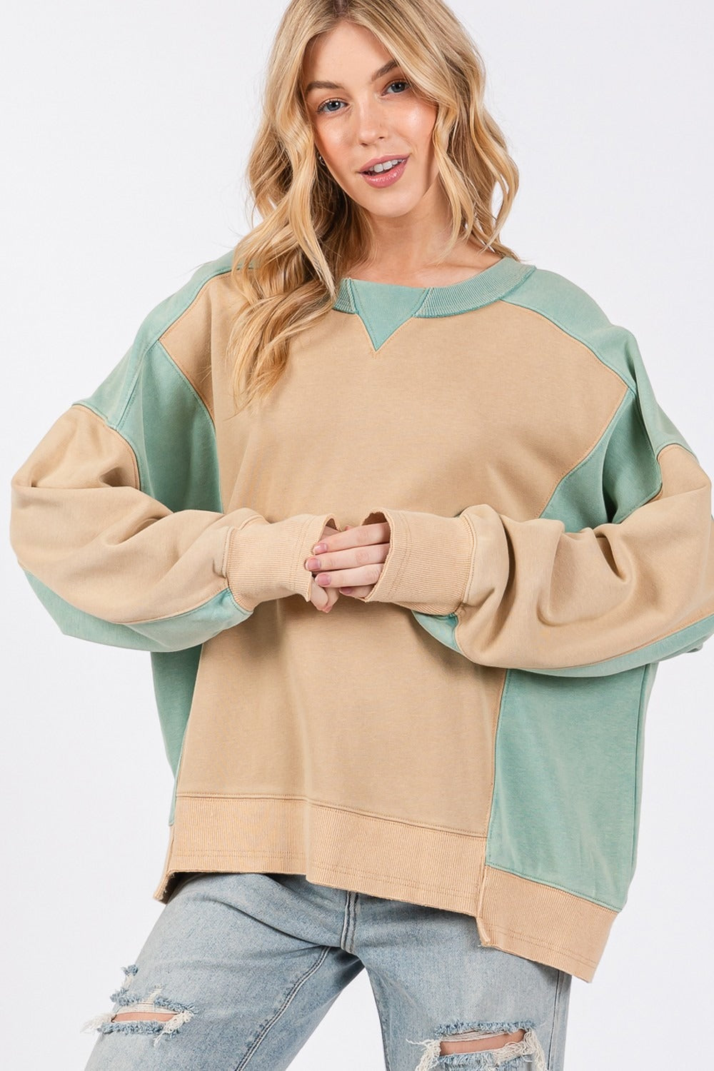 SAGE + FIG Color Block Round Neck Sweatshirt