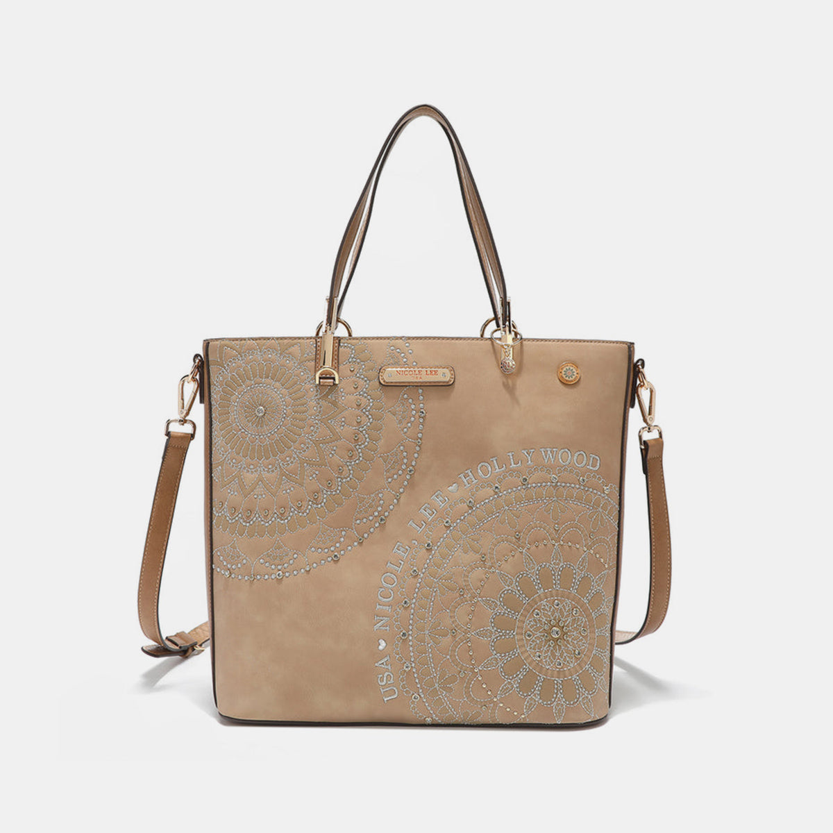 Nicole Lee USA Metallic Stitching Embroidery Inlaid Rhinestone Tote Bag